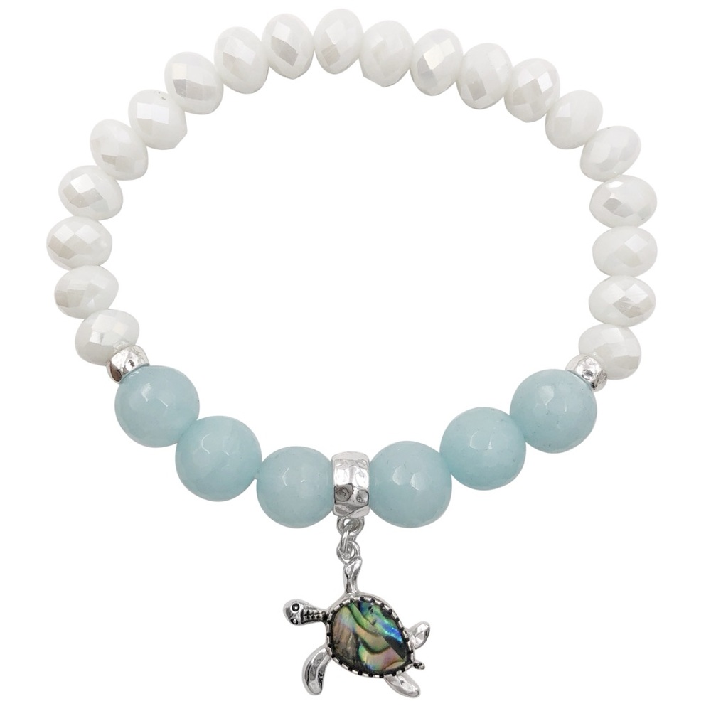 Stone & Glass Abalone Inlay Sea Turtle Charm Stretch Bracelet
